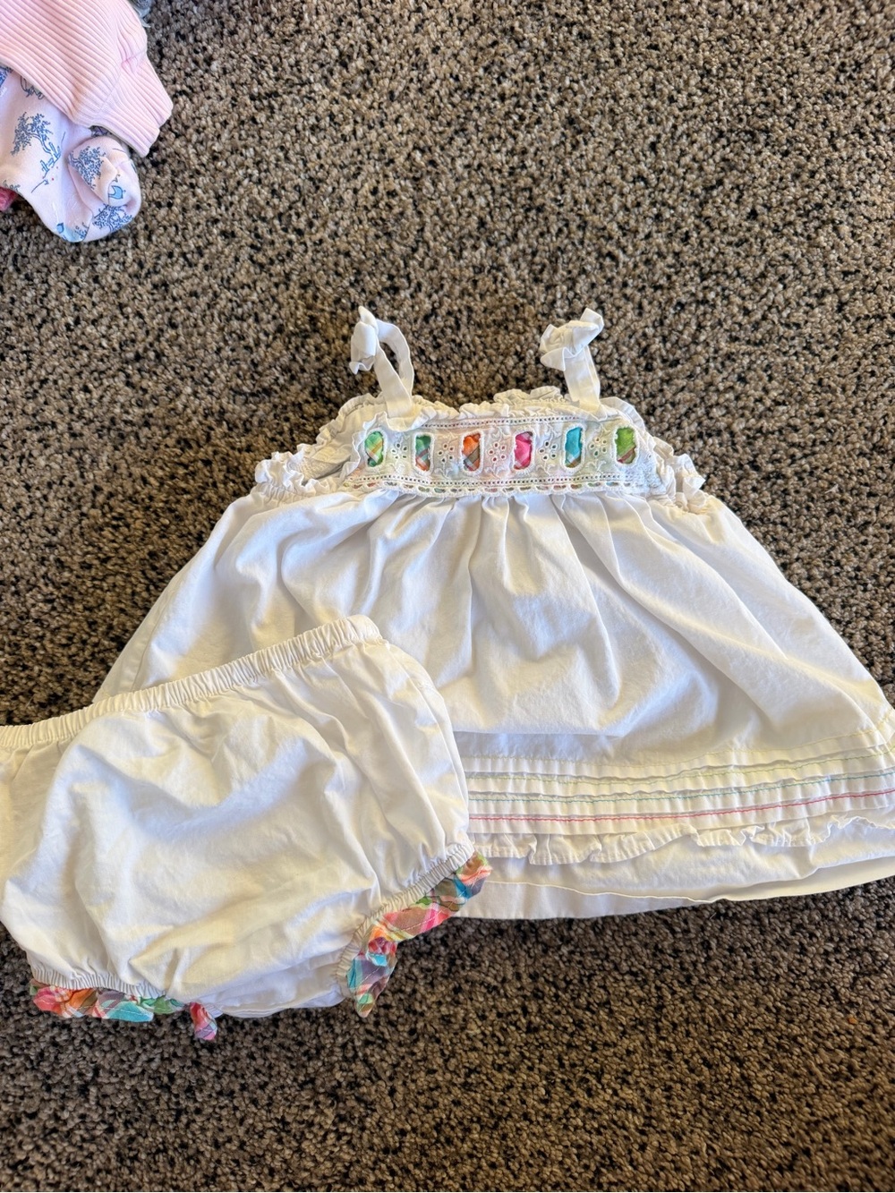 White Baby Dress & Bloomers with Pastel Accents